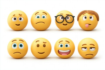 Fototapeta premium 3D Emoji Mood Pack: 8 Cute Expressions on White Background for Social Media Day, Universal Digital Stickers for Psychology, Streaming & Business