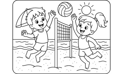 Kids playing beach volleyball: fun summer coloring page for children