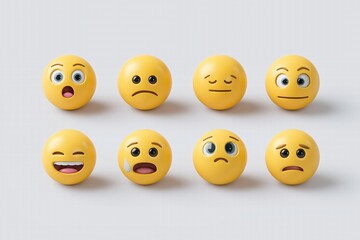 Fototapeta premium 3D Emoji Mood Pack: 8 Cute Expressions on White Background for Social Media Day, Universal Digital Stickers for Psychology, Streaming & Business