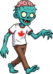 Cartoon blue zombie, exposed brain, Canadian flag shirt, walking undead character, creepy illustration, Halloween theme, spooky horror, scary artwork