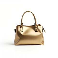 Golden shiny handbag top view isolated on white or transparent background, elegant luxury fashion accessory