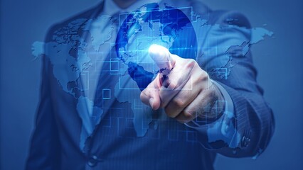 Futuristic Businessman Interacting with Virtual Global Technology Interface