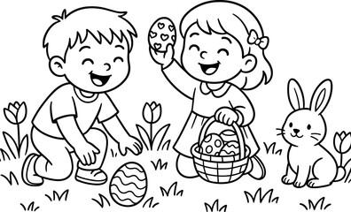 Children's easter egg hunt coloring page with bunny and flowers