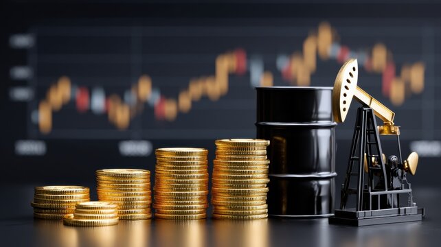 Energy stock gas trading. Financial growth with oil barrels and coins on a stock market backdrop.