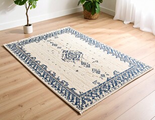 serene calm-colored rug rests beautifully on a light wooden floor, offering a simple patterned design and a warm inviting feel, silhouette