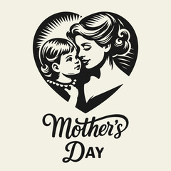 Black and white flat vector illustration of a young mother holding her baby inside a heart shape. Perfect for Mother’s Day, love, and family designs.