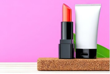 Cosmetic products including lipstick and tube on a wooden stand against a pink background are displayed