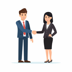 Obraz premium Successful business handshake, a flat design depicting a man and a woman shaking hands, suitable for corporate presentations and website graphics.