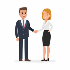 Fototapeta premium Cheerful cartoon of a businessman and businesswoman shaking hands, ideal for corporate themes and partnership concepts in scalable designs.