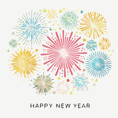 Bright fireworks explode in a cheerful Happy New Year celebration, suitable for festive greeting cards or holiday themed designs.
