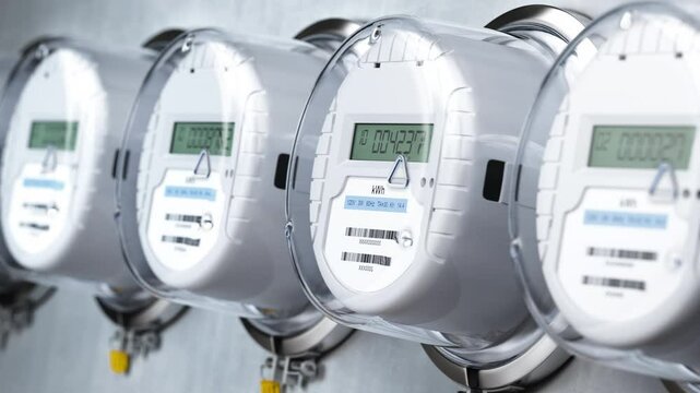 Digital electric meters in a row measuring power use Looped 3d animation