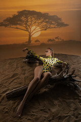 Beautiful and sexy girl posing in threesome against the background of water in a swimsuit