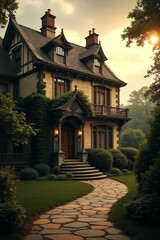 Fototapeta premium A stately, picturesque home features a stone pathway leading to the ivy-covered facade. 