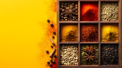 A top down perspective featuring a wooden spice rack showcasing a collection of flavorful herbs and powders on a vibrant yellow background.