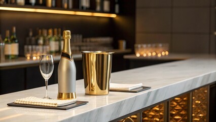 Close-up of a stylish bar, highlighting a contemporary champagne bottle, a shimmering golden cooler, and a single glass on a white marble surface