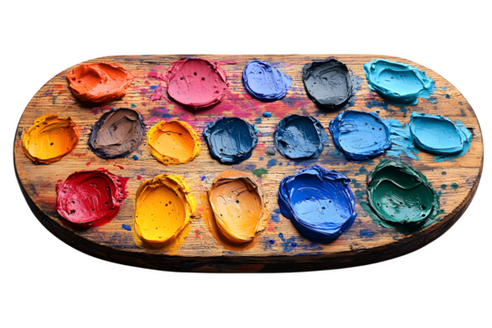 Wooden artist palette with vibrant paint dabs and brush creative tool isolated on white background