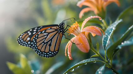 A colorful monarch butterfly with striking orange and black wings gracefully perches on a flower, surrounded by green leaves and water droplets that glisten in the soft sunlight.