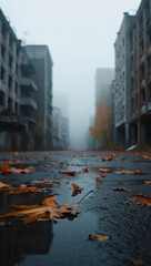 Autumn Leaves on Wet Street in Abandoned City on a Foggy Day