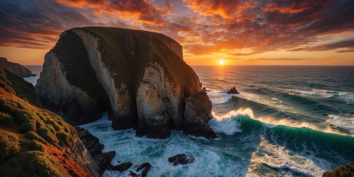 A stunning coastal sunset with waves crashing against the rugged cliffs under a beautiful sky.