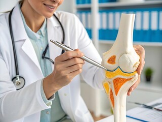 Doctor explaining knee anatomy and joint health with a human knee model