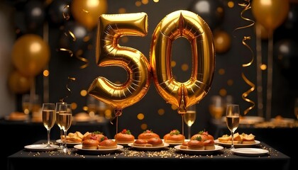 Golden 50th Birthday Party Scene with Elegant Black and Gold Decorations