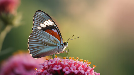 A colorful monarch butterfly with striking orange and black wings gracefully perches on a flower, surrounded by green leaves and water droplets that glisten in the soft sunlight.