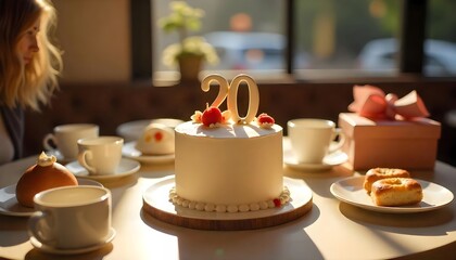 Elegant white birthday cake with number 20 topper on a sunlit table in a cafe for a celebration