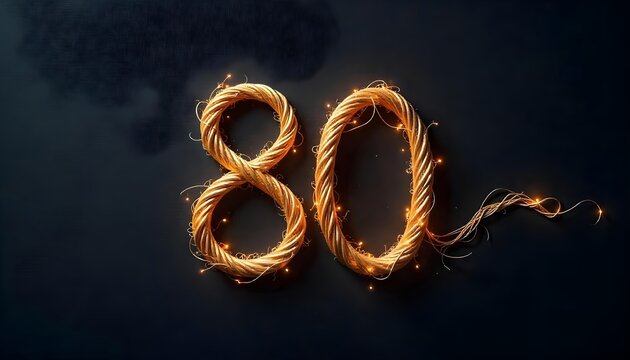 Golden Number 80 glowing with festive lights formed from twisted twine on a Transparent Background