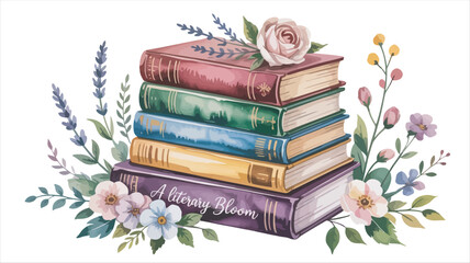 Aesthetic Book Pile with Roses Lavender and Wildflowers Hand Painted