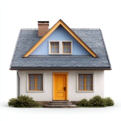 Fototapeta premium Charming small house with a bright orange door and blue gabled dormer isolated on white background