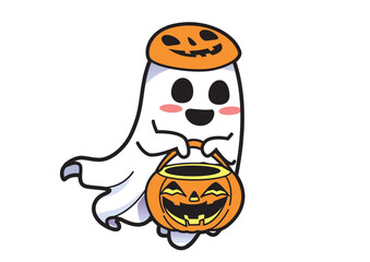 Adorable ghost character holding a Halloween pumpkin bucket with a joyful expression. Halloween concept