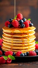 Stacked pancakes topped with fresh raspberries and blueberries, drizzled with honey