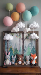 Illustration of a children's room in pastel colors, unusual toys, and beautiful decoration of the walls and floor. Very beautiful interior.