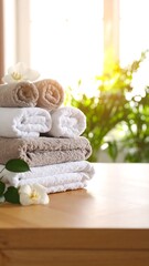 Stacked towels, light beige & white, on a wooden surface, with orchids & greenery, sunlit