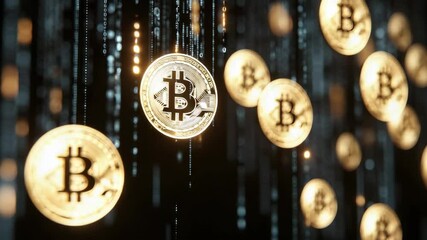 Floating Bitcoin Coins with Glowing Lights and Abstract Digital Background in Modern Financial Concept - Powered by Adobe