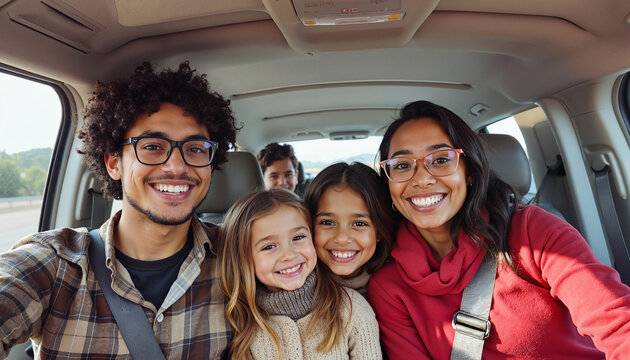 Mixed-race family smiling together in car during road trip   - Powered by Adobe