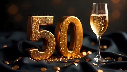Golden Number 50 and Champagne Glass for an Elegant Anniversary Celebration on a Transparent Background