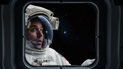 An astronaut from outer space mysteriously looks through the porthole into a spaceship. Against the backdrop of an endless starry sky. Space exploration. - Powered by Adobe