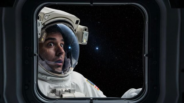An astronaut from outer space mysteriously looks through the porthole into a spaceship. Against the backdrop of an endless starry sky. Space exploration.