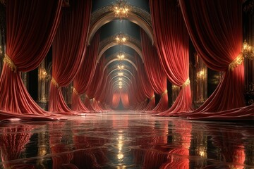 Grand theater interior with red curtains and ornate chandeliers in a historic building