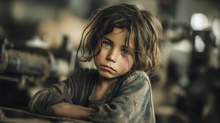 a real young child working in a factory environment, wearing dirty clothes, tired expression, harsh lighting, social issue child labor, photorealistic 