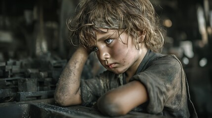 a real young child working in a factory environment, wearing dirty clothes, tired expression, harsh lighting, social issue child labor, photorealistic 