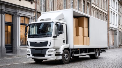 Moving Truck with Packed Boxes. White delivery truck parked near buildings with boxes in the back.