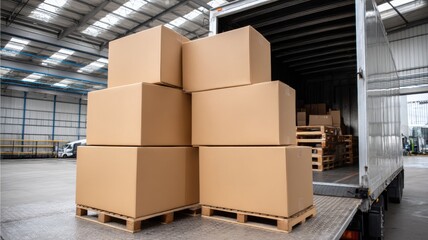 Moving Truck with Packed Boxes. Stacked cardboard boxes in a warehouse loading area.