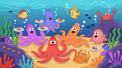 Fototapeta premium A whimsical underwater scene featuring several cartoon octopuses and other sea creatures enjoying a playful meal or party on the sandy seabed.