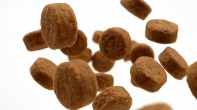 Brown cylindrical kibble pieces float against a white background