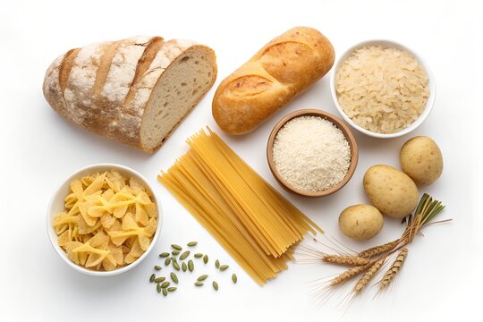 Assorted carbohydrates display includes bread and pasta