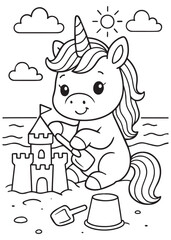 Coloring book page of unicorn building a sandcastle at the beach.