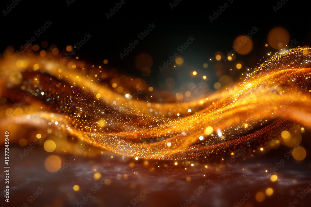 Wall mural abstract glowing golden particles flowing in dynamic wave patterns on a dark background with bokeh l