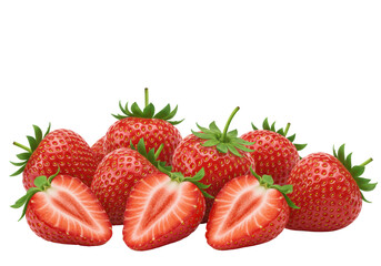 Ripe red strawberries, whole and sliced, with green caps, intricate texture, and tiny yellow seeds, precisely arranged on a seamless transparent studio background with diffused shadowless lighting,